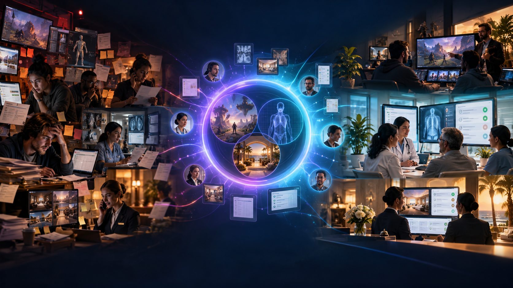 On the left, operators working from paper, sticky notes and disconnected screens. On the right, the same teams working from one shared picture of the work.