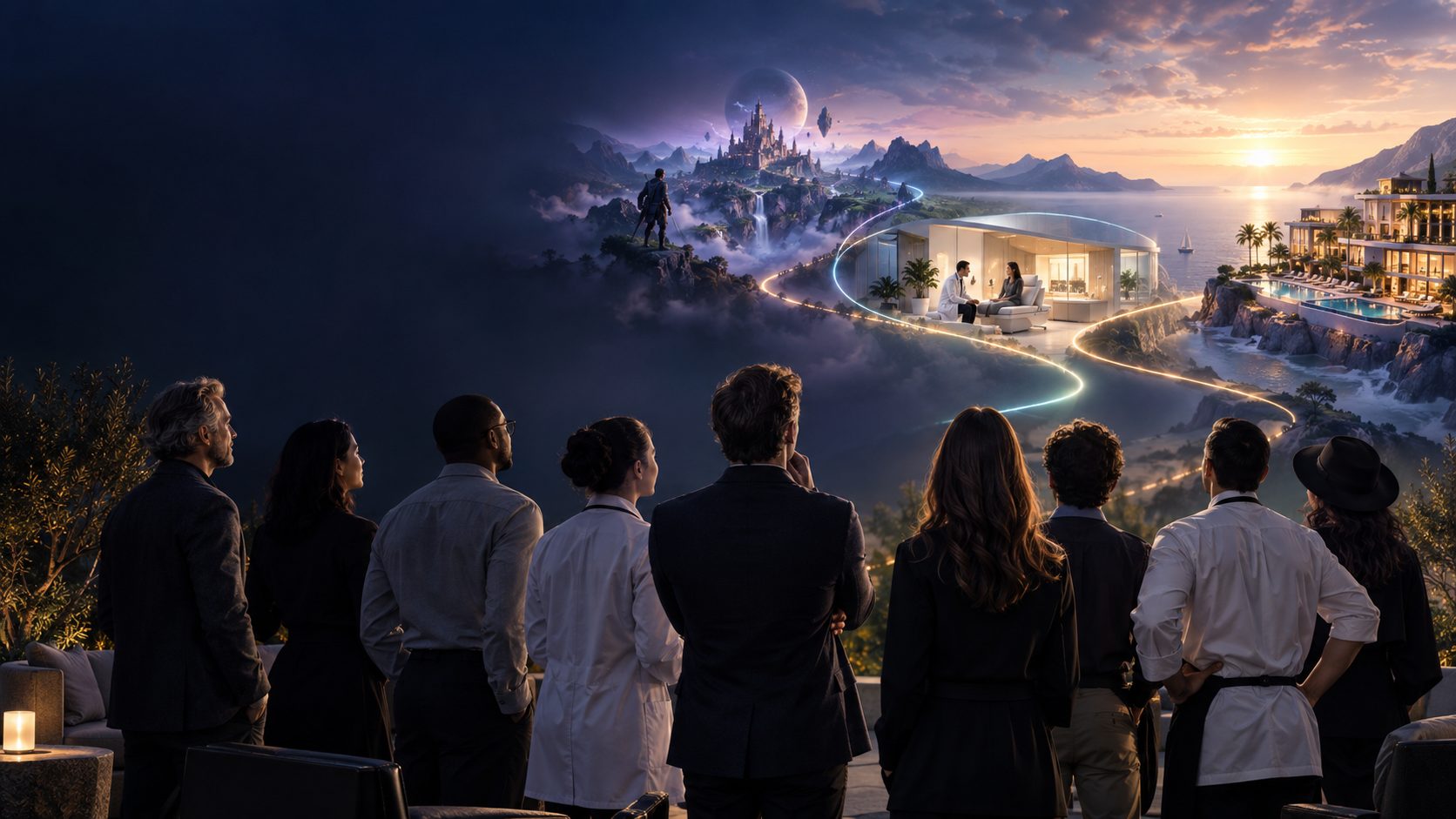 Operators from several industries looking out over a landscape where one lit thread runs through a game world, a clinic and a resort.