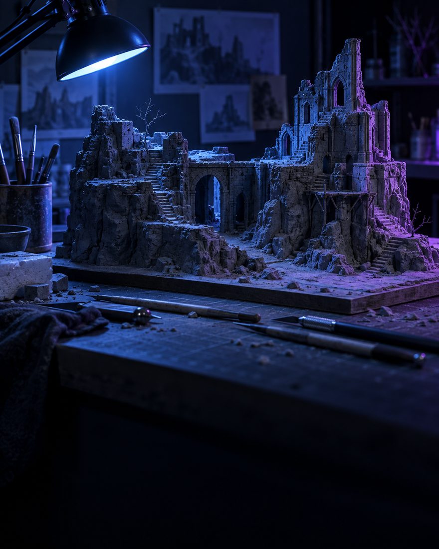 A hand-built environment maquette under a task lamp