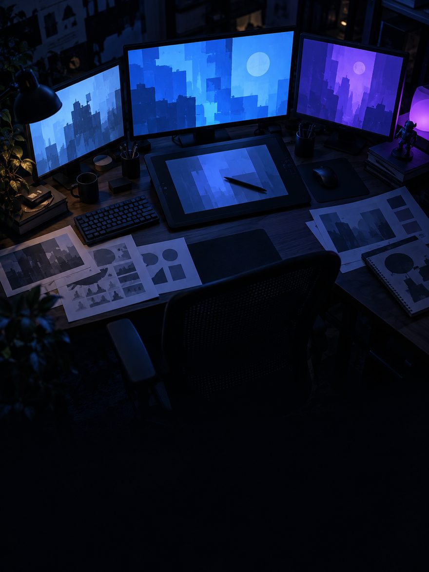 A game studio desk at night, screens the only light