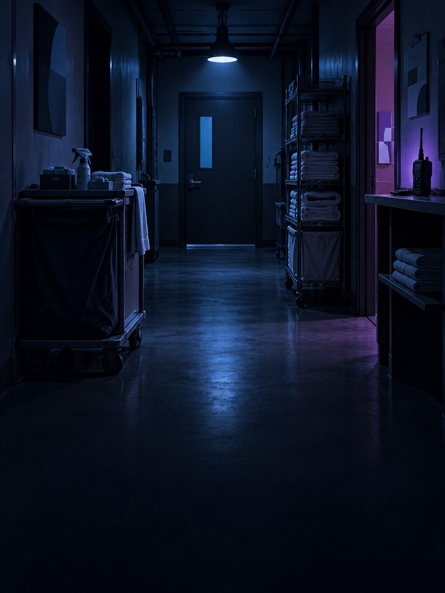 A hotel back-of-house service corridor at night