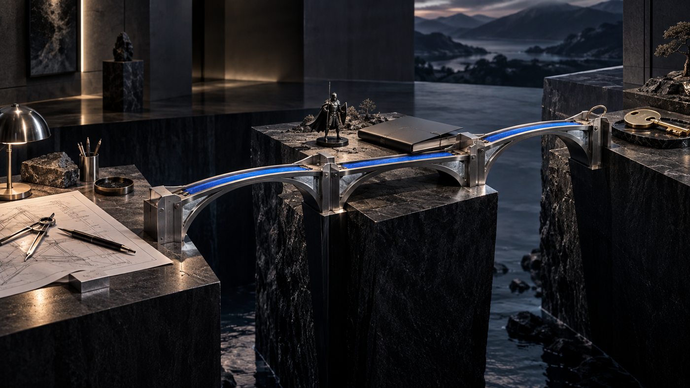 A precise span bridging two blocks on a workbench, drawn and then built