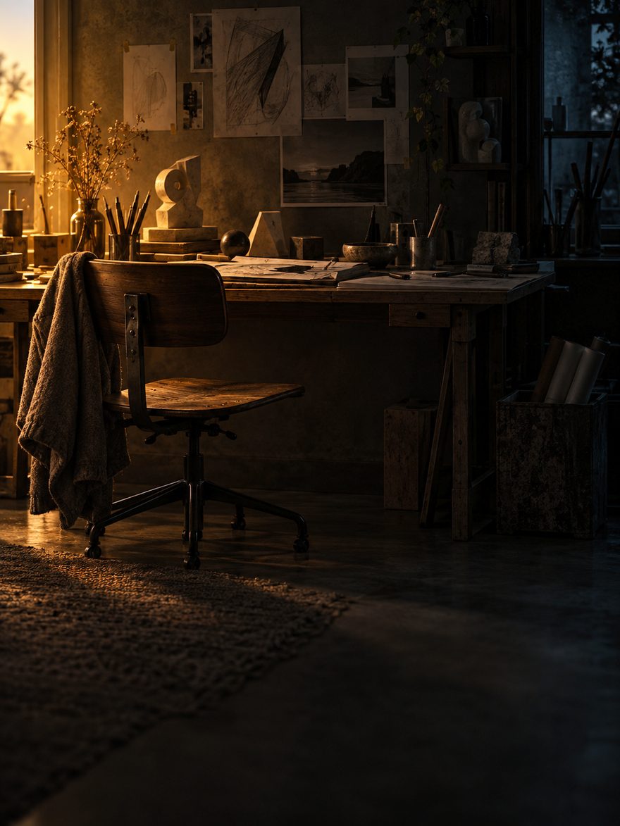 An empty studio chair, the light falling off the desk