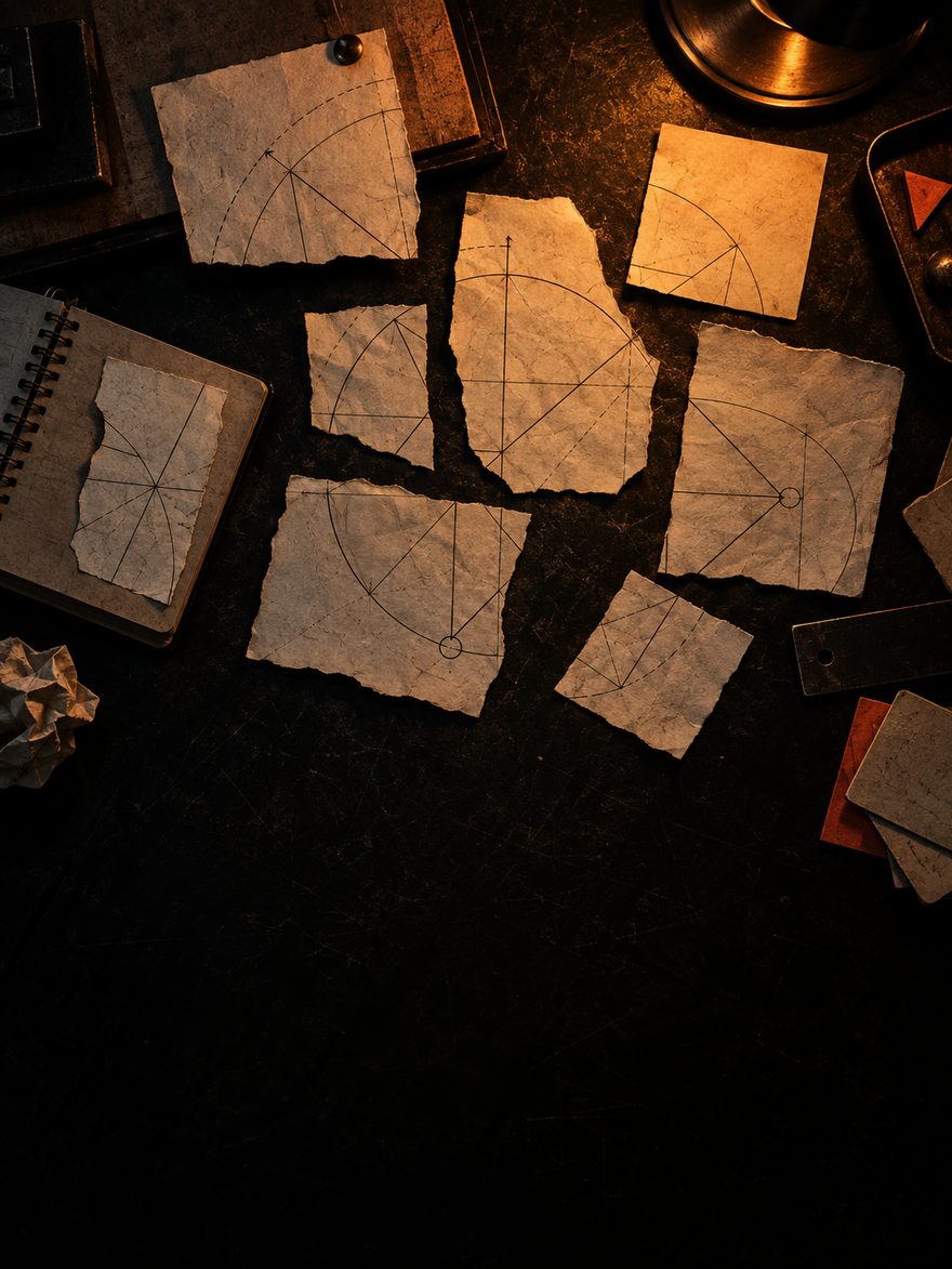 Fragments of one technical drawing scattered across a workbench