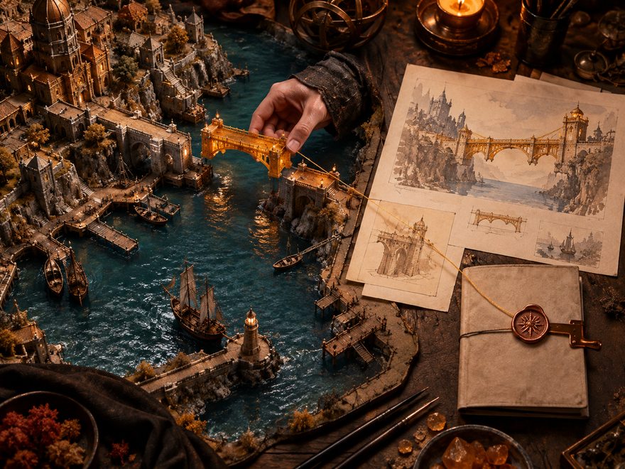 One change to a harbour, traced back to the sketches and notes it came from