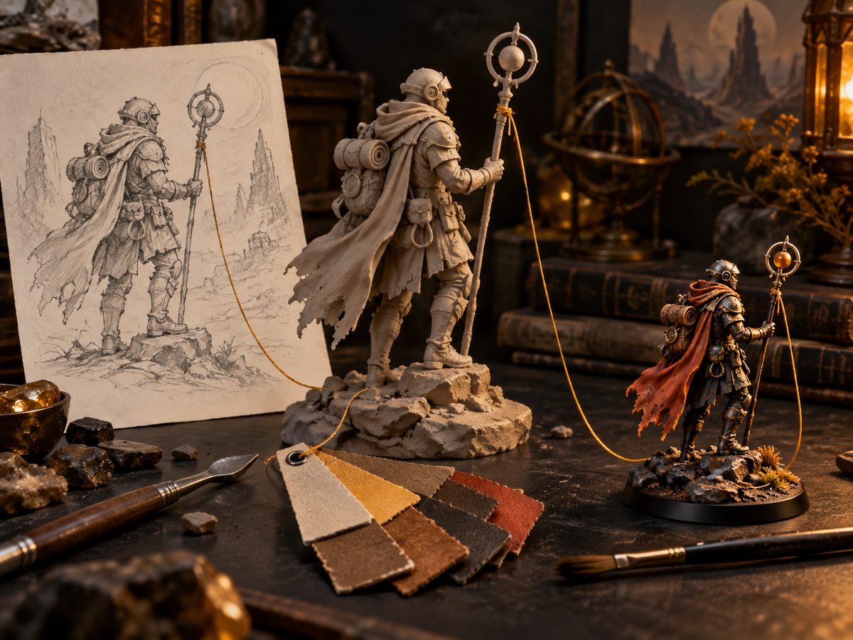 One character held as a physical object with its design, tasks and decisions attached around it