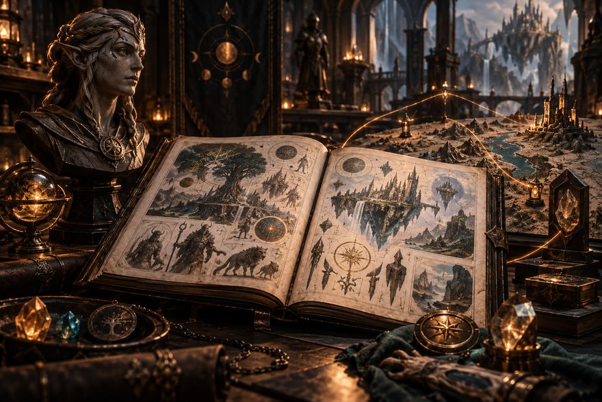 An illustrated game-world codex connects reference material with characters, maps, and lore artifacts.