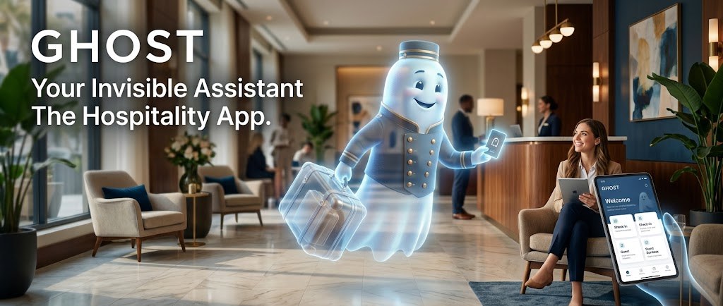 A hotel lobby at check-in, with GHOST working alongside the team: a guest on a tablet, the desk behind her, and the app's welcome screen in hand