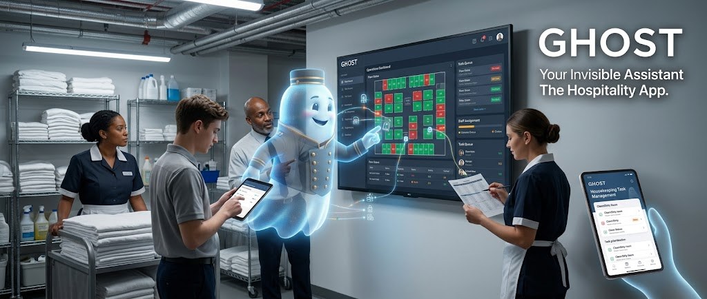 Back of house: housekeeping and maintenance staff around an operations dashboard of floor status and the task queue, with GHOST beside them and the same queue on a phone