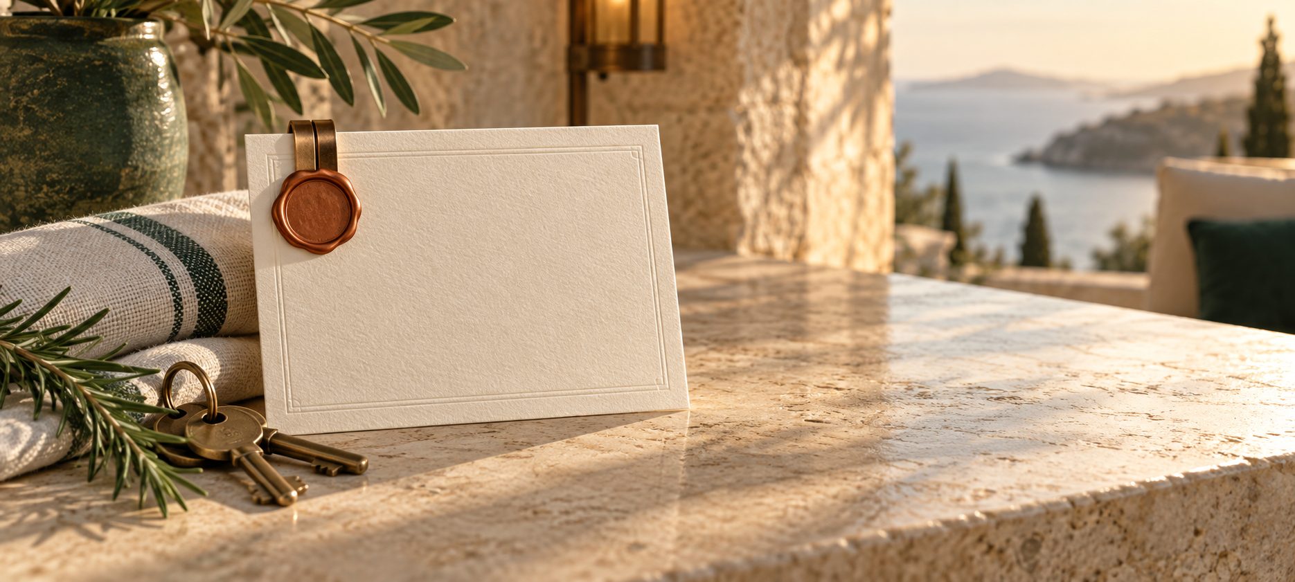 A proof-of-completion card resting beside the keys, linen and rosemary it attests to