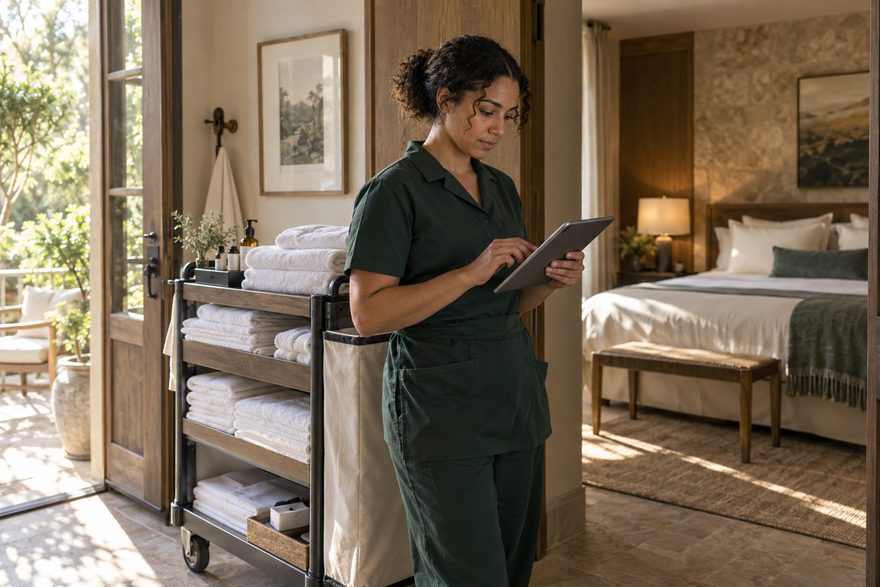 Hotel team member checking room readiness with a tablet