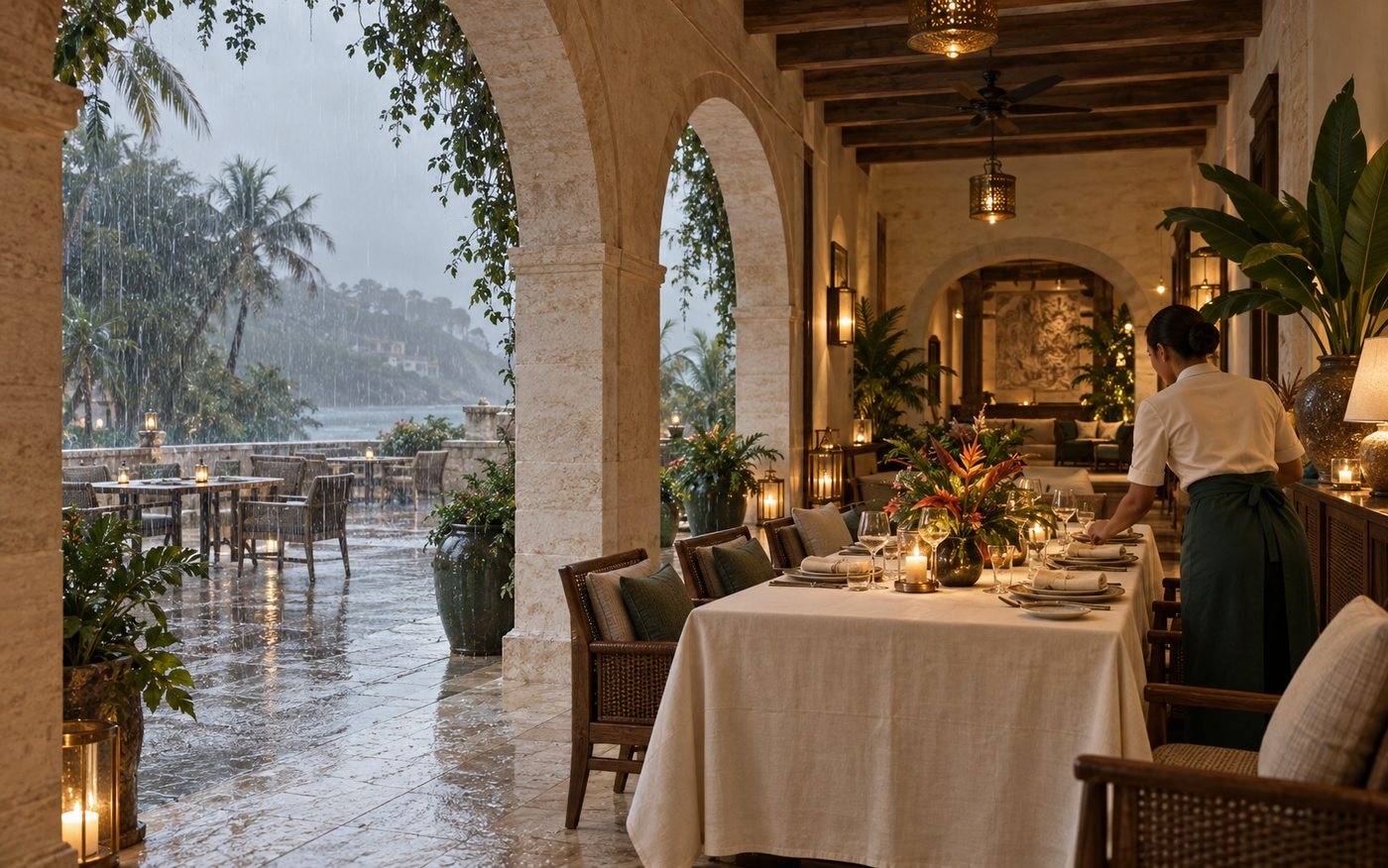 A dinner moved under cover as weather turns, service continuing