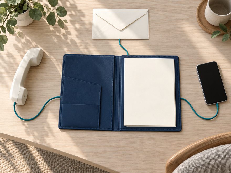 A phone, an envelope and a handset all wired into one folio