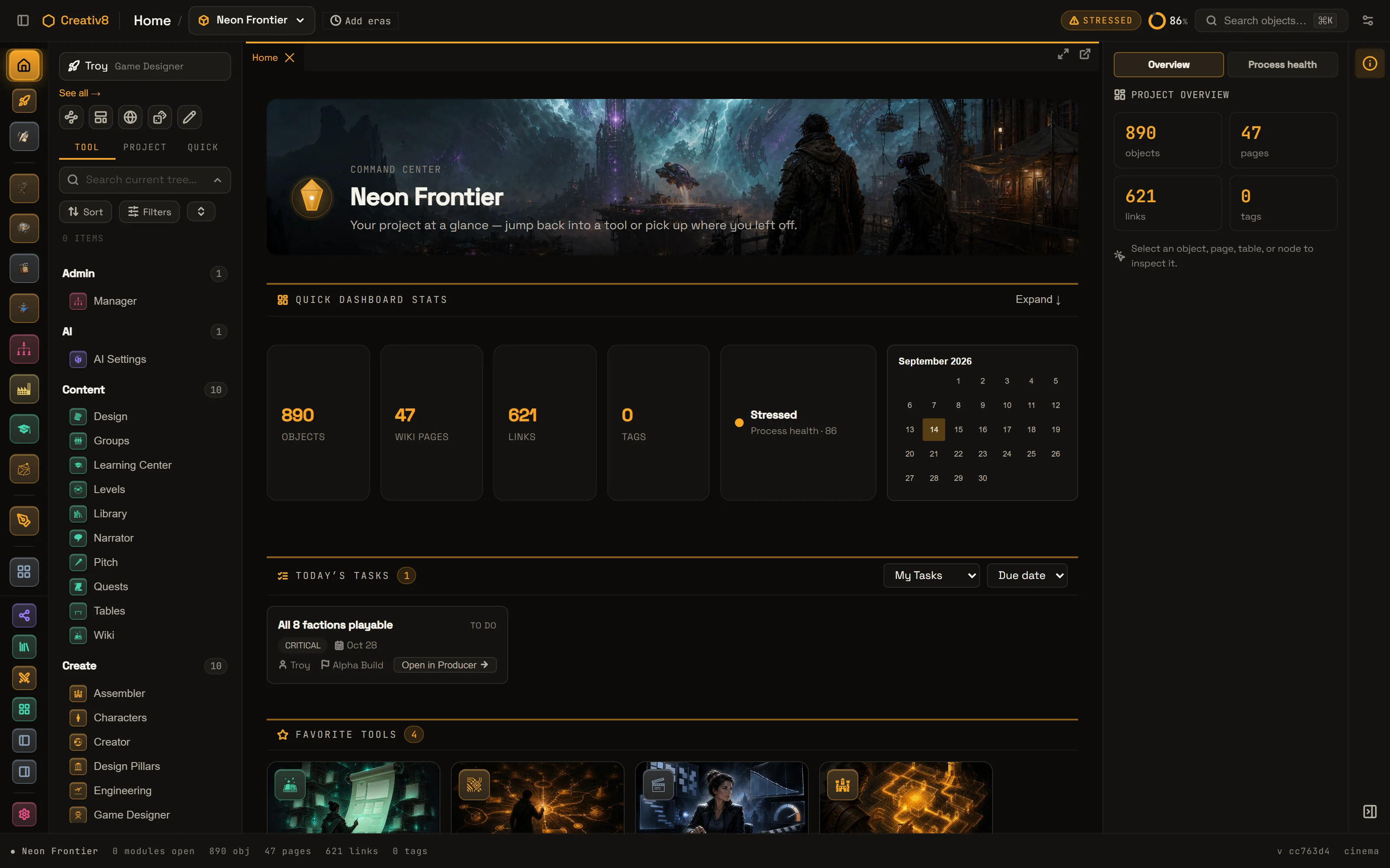 Creativ8 home for the Neon Frontier project: command center banner, quick dashboard stats, today's tasks and favorite tools