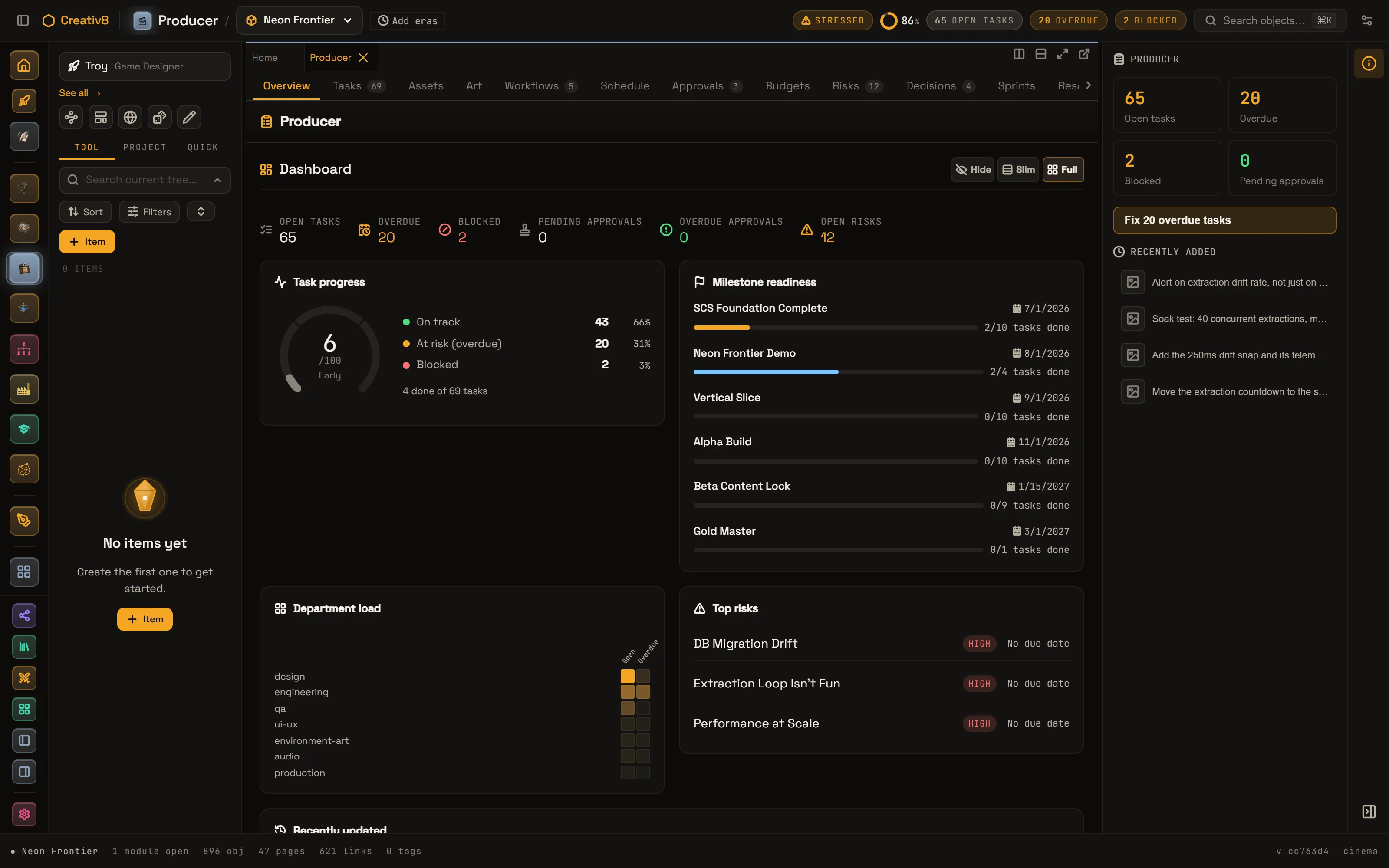 Creativ8 Producer dashboard: open, overdue and blocked tasks, task progress, milestone readiness, department load and top risks