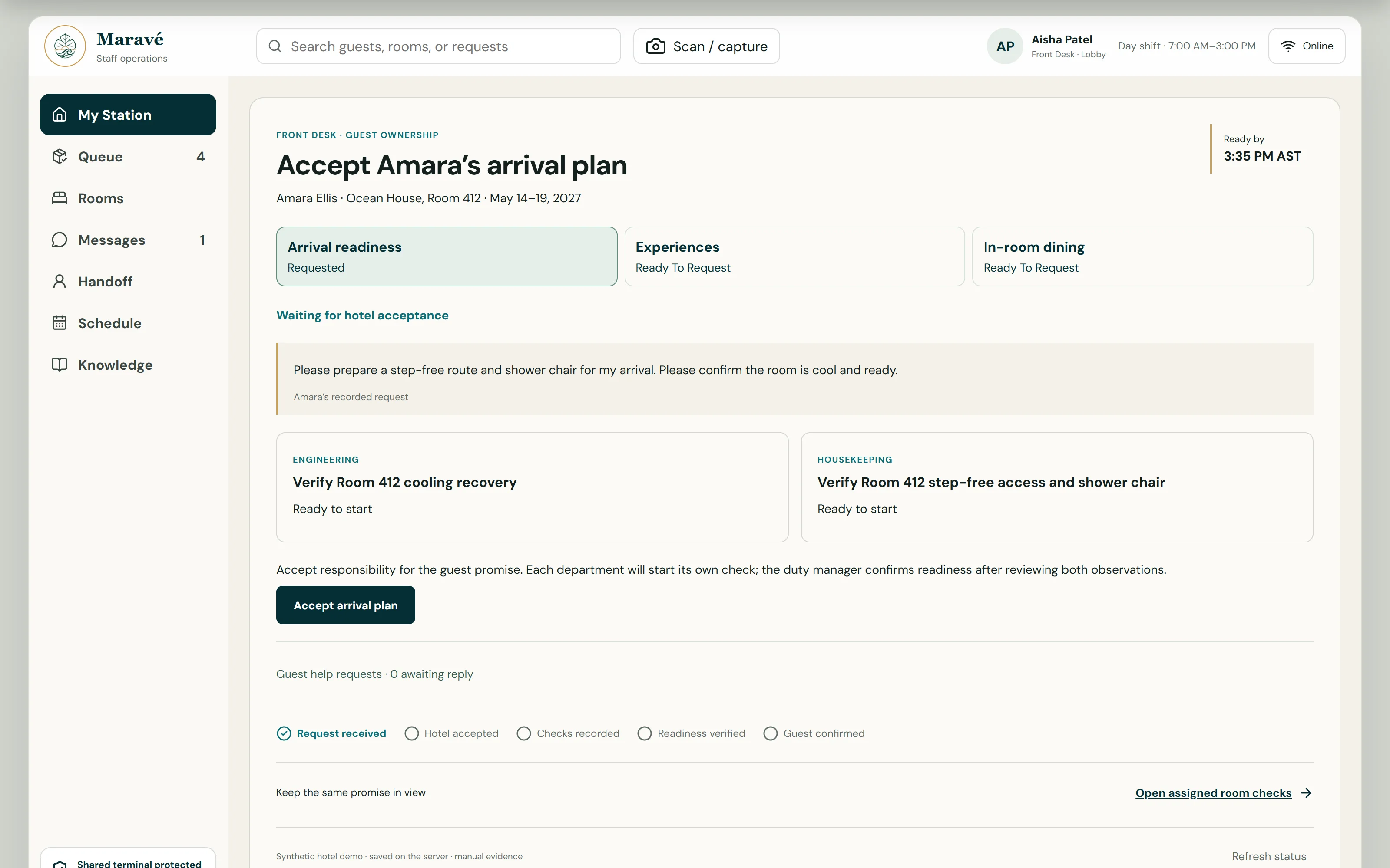 GHOST staff desk: accept Amara's arrival plan, with the guest's recorded request, department checks, and the promise steps from request received to guest confirmed
