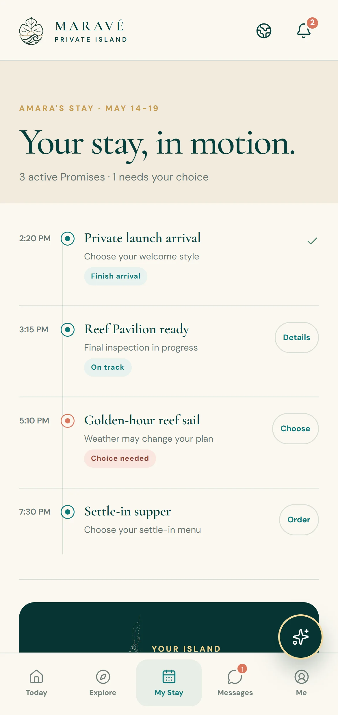 GHOST guest phone showing your stay, in motion