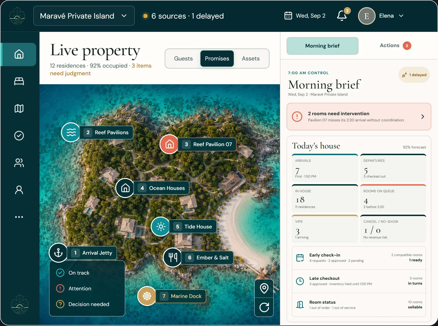 GHOST manager tablet: live property map of Maravé with residence pins and promise status, beside the morning brief