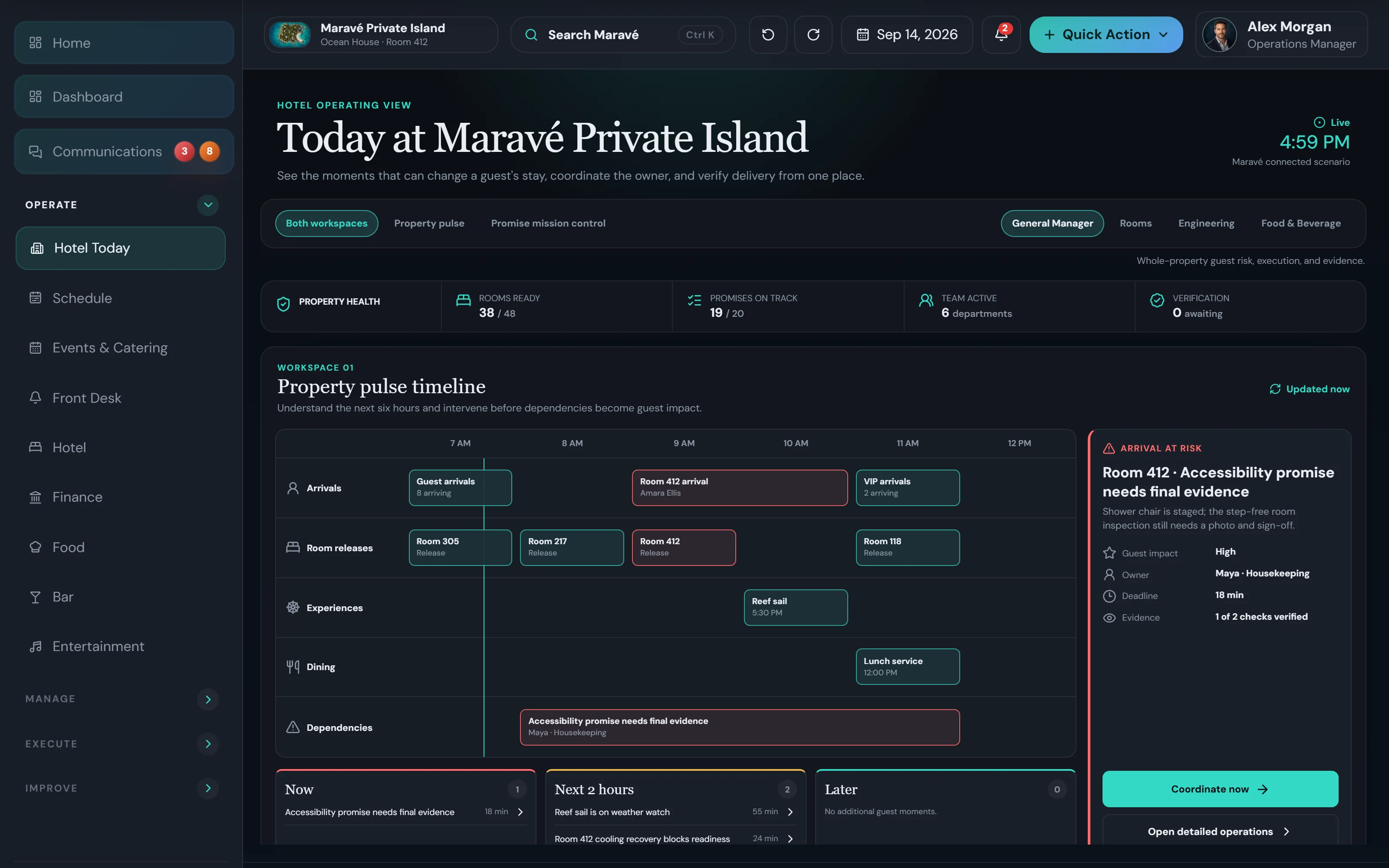 Kept manager desktop showing Today at Maravé, the hotel operating view