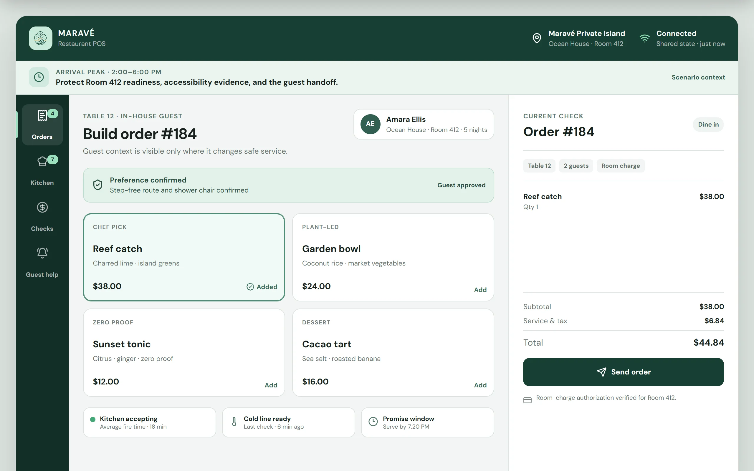 Kept restaurant POS: build an order for an in-house guest with confirmed preferences, room charge, promise window and kitchen readiness